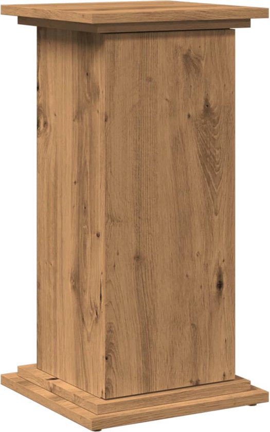 Un socle en bois avec un imprimé chêne, une base large et un plateau plat surélevé.