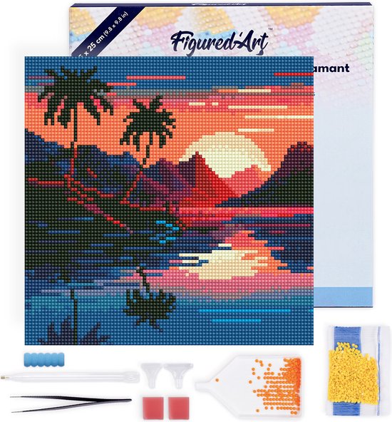 Figured'Art Mini Diamond Painting set Volwassenen 25x25 cm met lijst De Zee en de Zonsondergang - 5D DIY Art full drill ronde diamant - Canvas al ingelijst