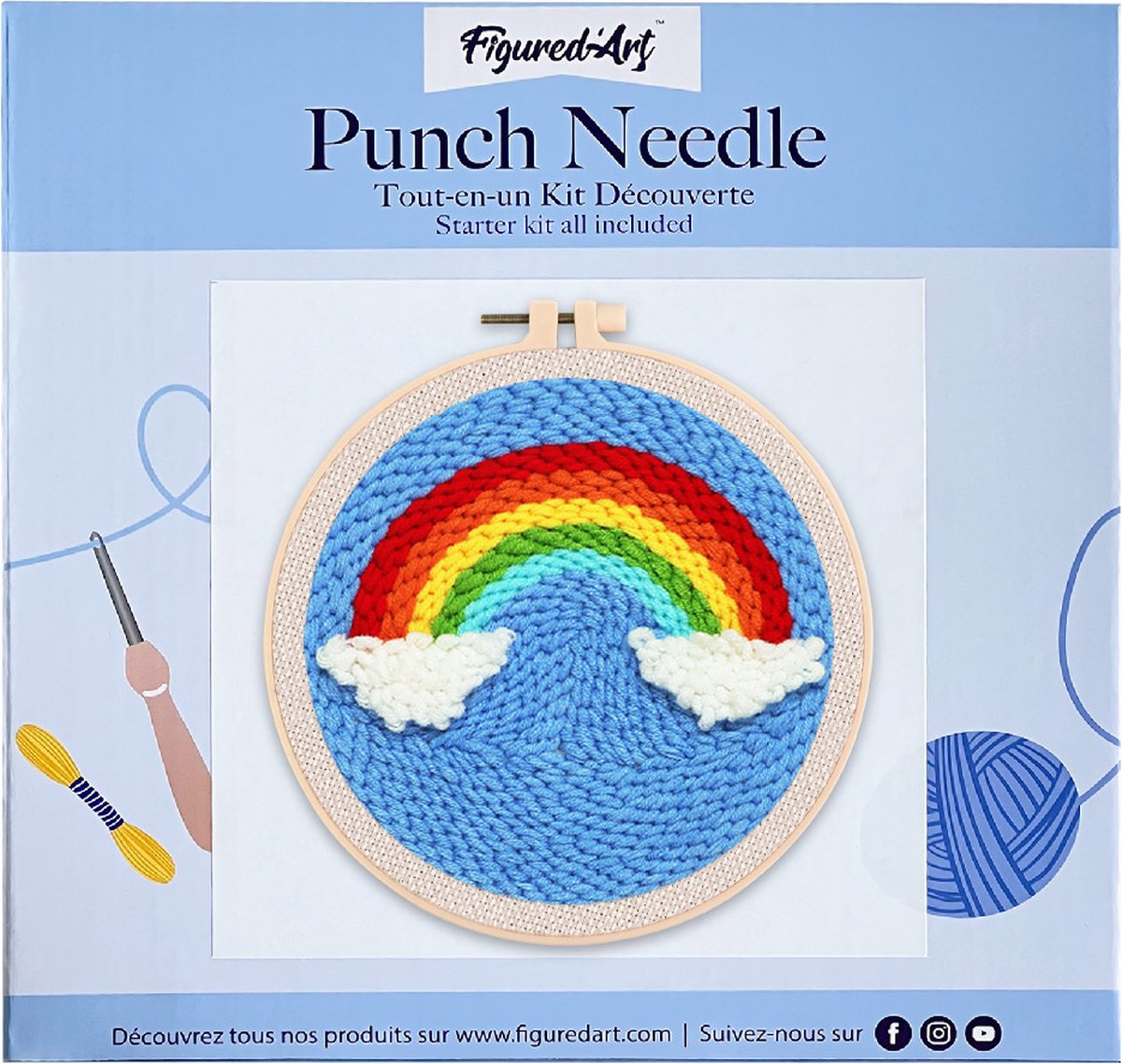 Figured'Art Punch Needle Kit voor Volwassenen en Kinderen - Regenboog - Perfect voor Beginners. Compleet klaar-om-te-borduren set, maat 20x20 cm met ronde frame