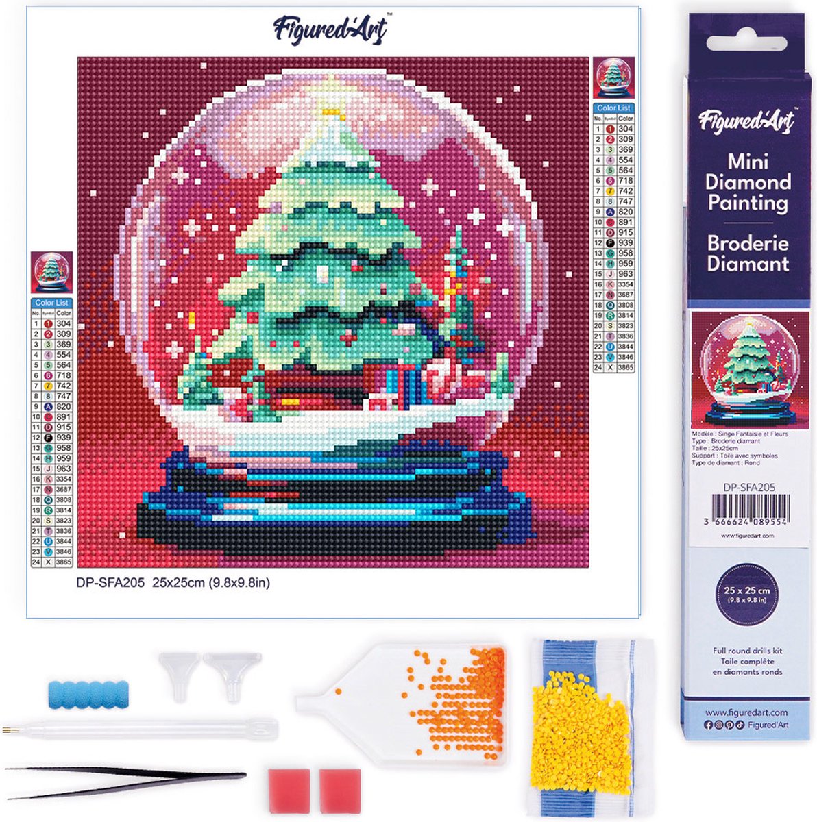 Figured'Art Mini Diamond Painting set Volwassenen 25x25 cm Kerstboom in Sneeuwbol - 5D DIY Art full drill ronde diamant - Opgerold canvas
