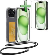 Hoes Geschikt voor iPhone 11 Pro Max Hoesje Pas Houder Shock Proof Case Hoes Met Koord Met Screenprotector - Hoesje Geschikt voor iPhone 11 Pro Max Hoes Met Telefoonkoord Pasjeshouder Cover - Transparant