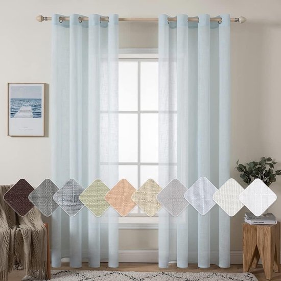 EMEMA Glasgordijn, polyester voilegordijn met ingestanste ringen, transparante vitrage, luchtig, decoratief, voor slaapkamer en woonkamer, set van 2 gordijnen, 140 X 145 cm (b x h), beige
