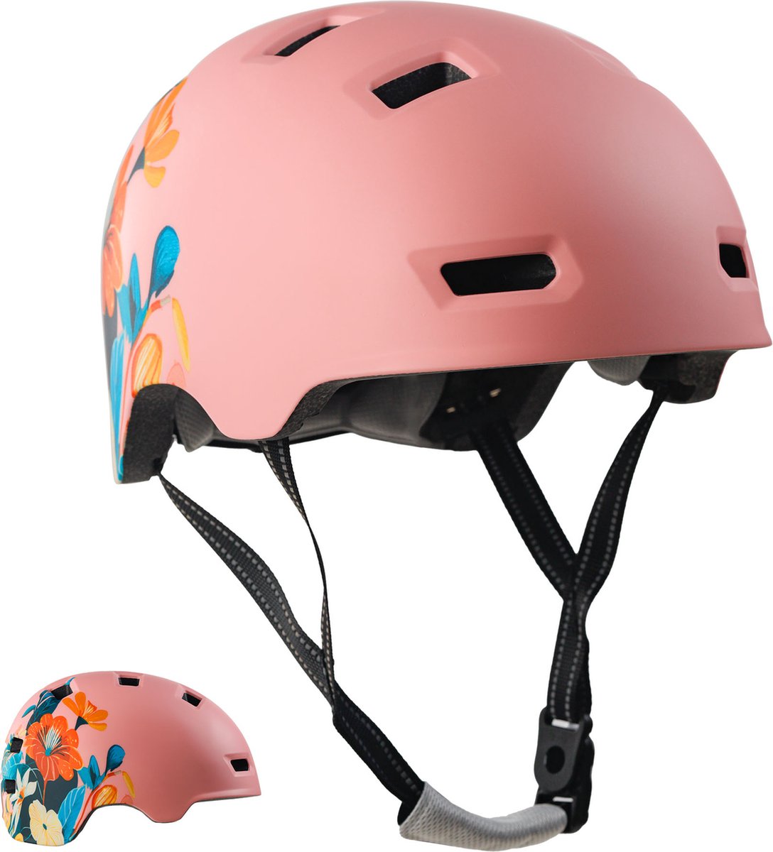 Skater- en fietshelm Bloem 57-61 cm EN1078 gecertificeerd Roze
