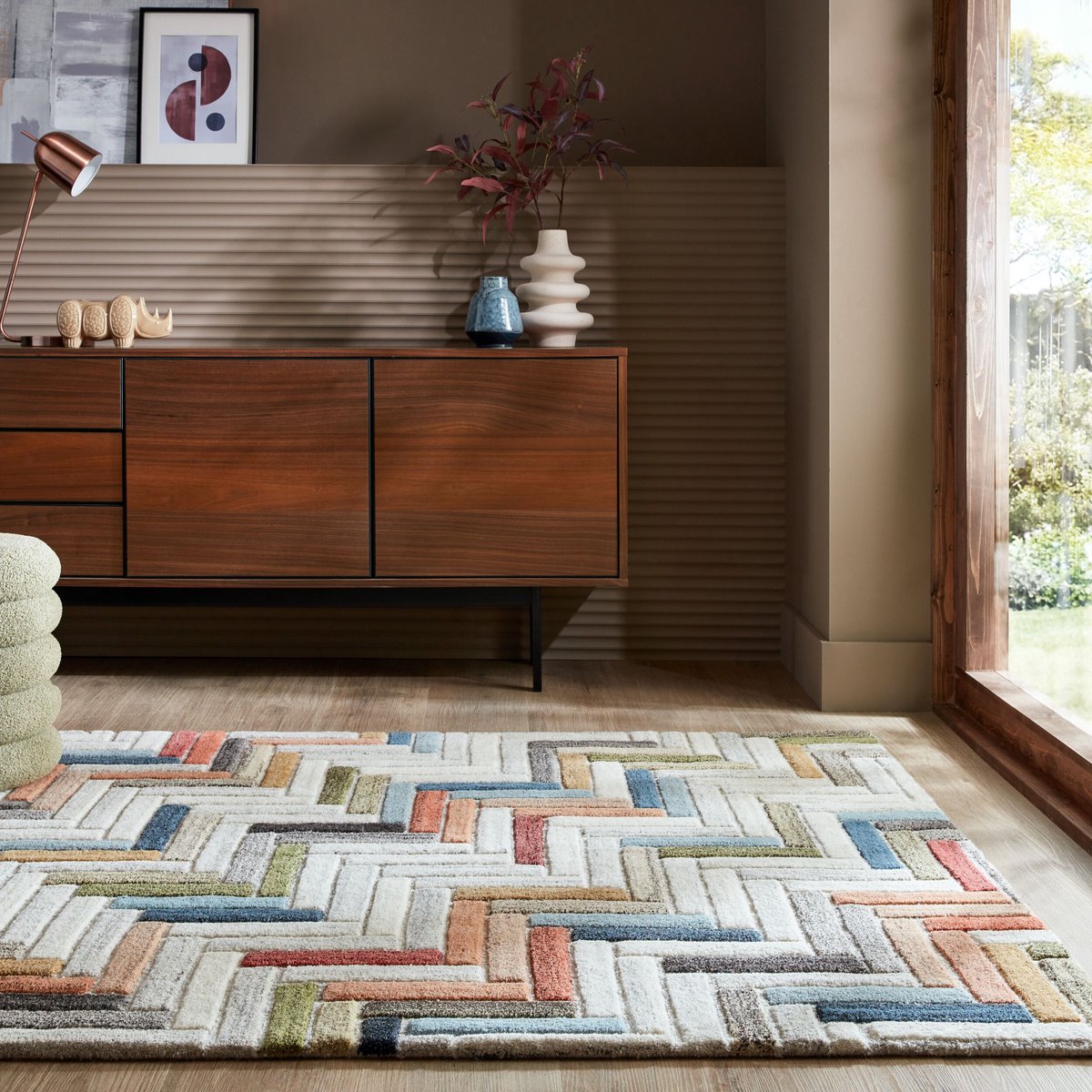 Flycarpets Russo vloerkleed - Laagpolig - 100% Wol - Geo Modern - Multi 120 x 170 cm