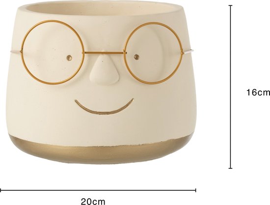 J-Line bloempot Bril - cement - wit/goud - large - Ø 20 cm
