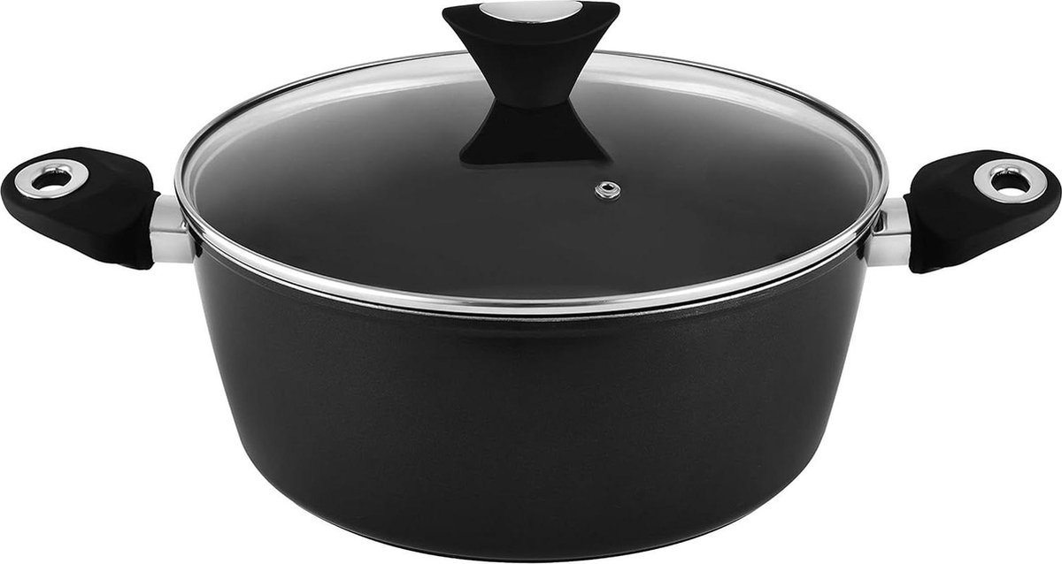 Kookpot met deksel 28 cm 62 l inhoud antiaanbaklaag vaatwasmachinebestendig turbo-inductiebodem soft-touch ergonomische handvaten zwart zilver