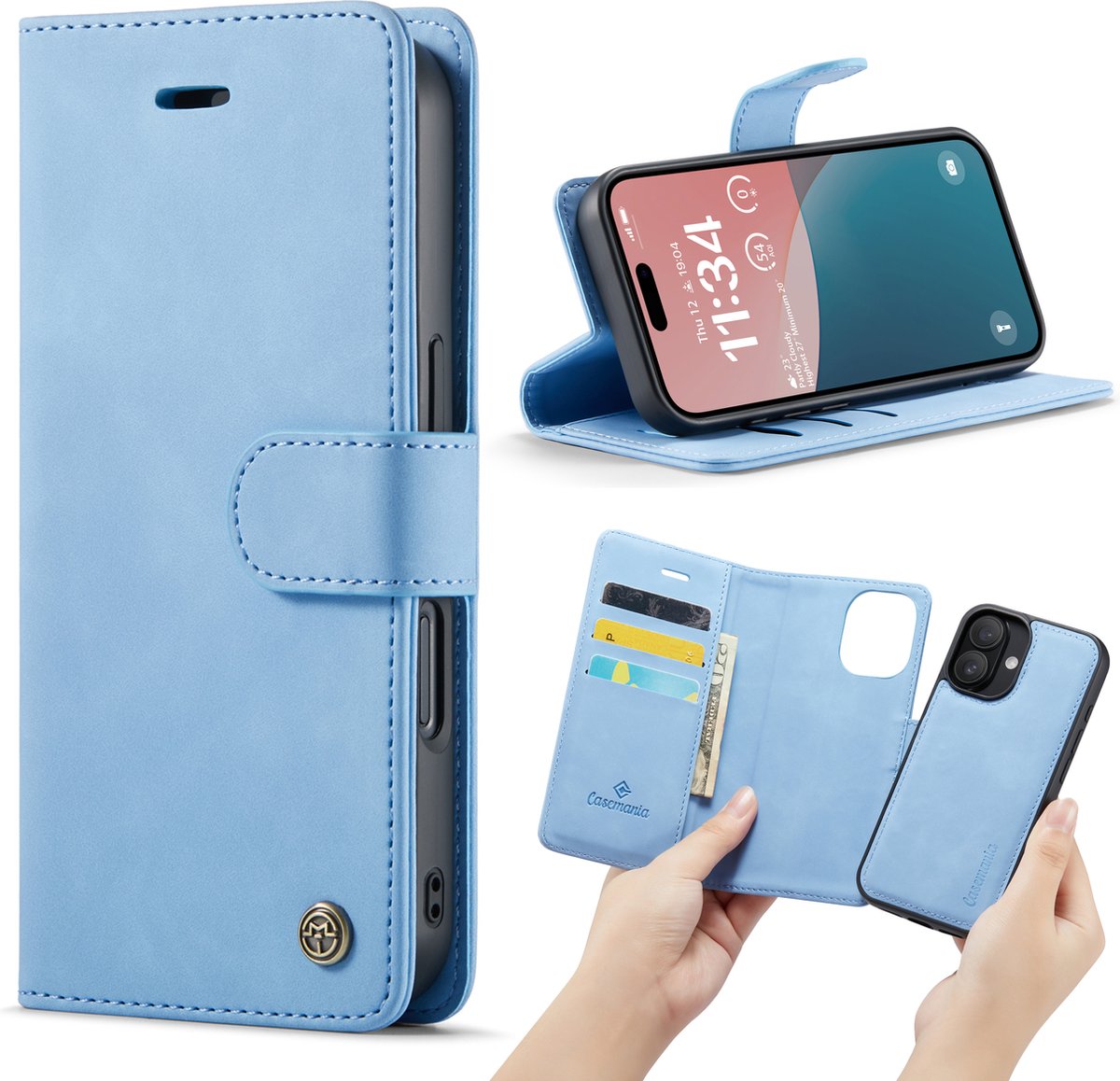 Casemania Hoesje Geschikt voor Apple iPhone 16 - Sky Blue - 2 in 1 Magnetic Book Case