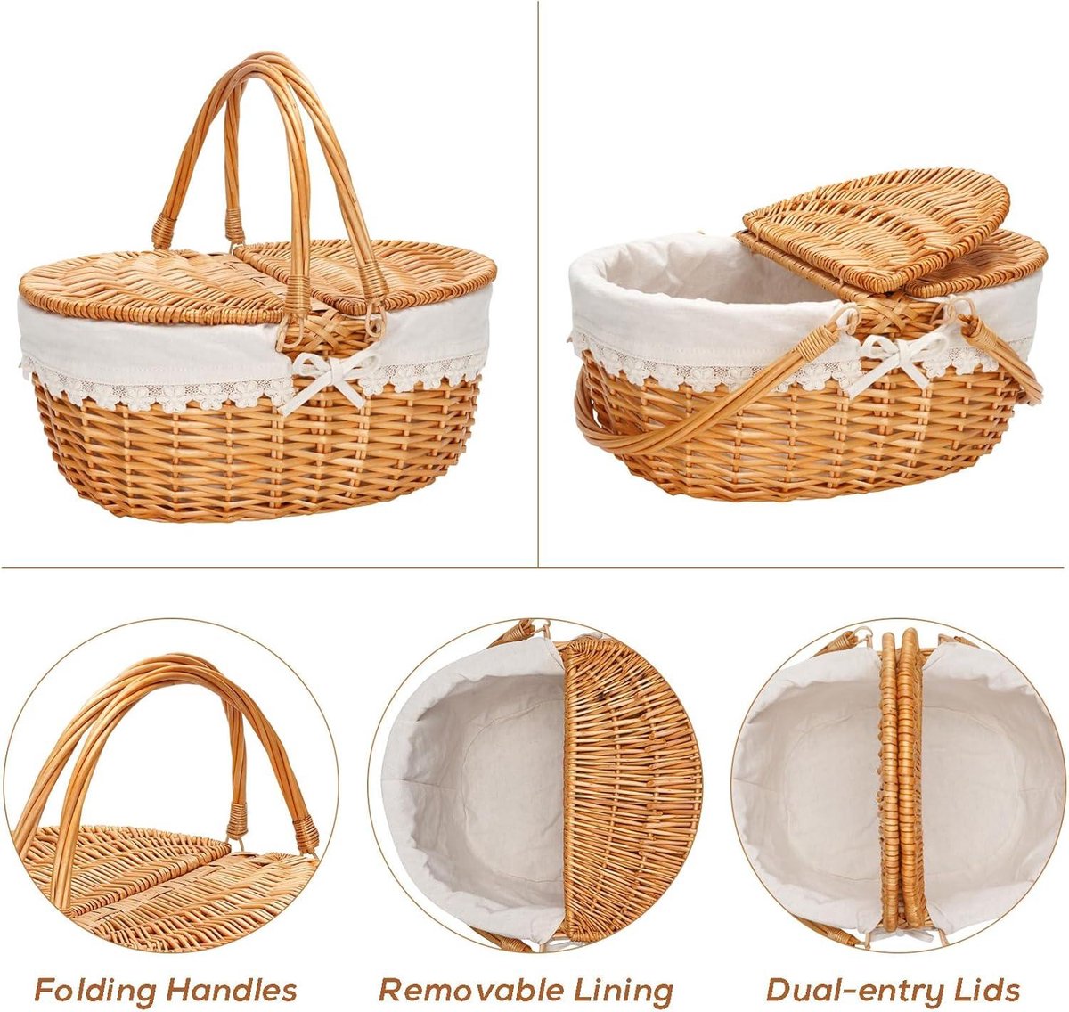 Panier De Pique-nique En Osier Style Campagnard Avec Couvercle, Poignée