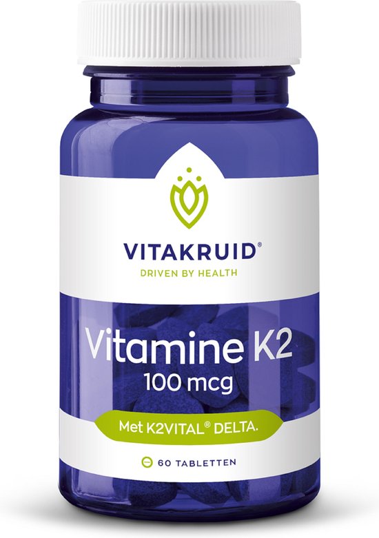 Blauwe pot met witte dop, met het Vitakruid logo, Vitamine K2 100 mcg, Met K2VITAL DELTA, 60 tabletten.