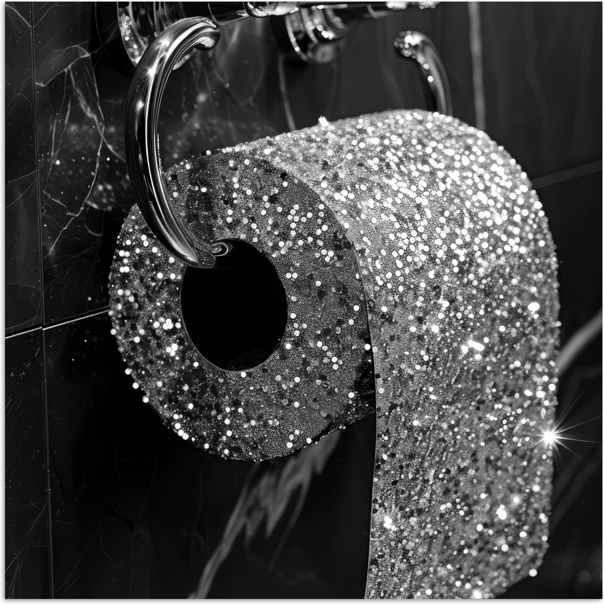 Poster 50x50 cm - WC - Toilet papier - Zwart wit - Glitters - Posters - Wanddecoratie badk