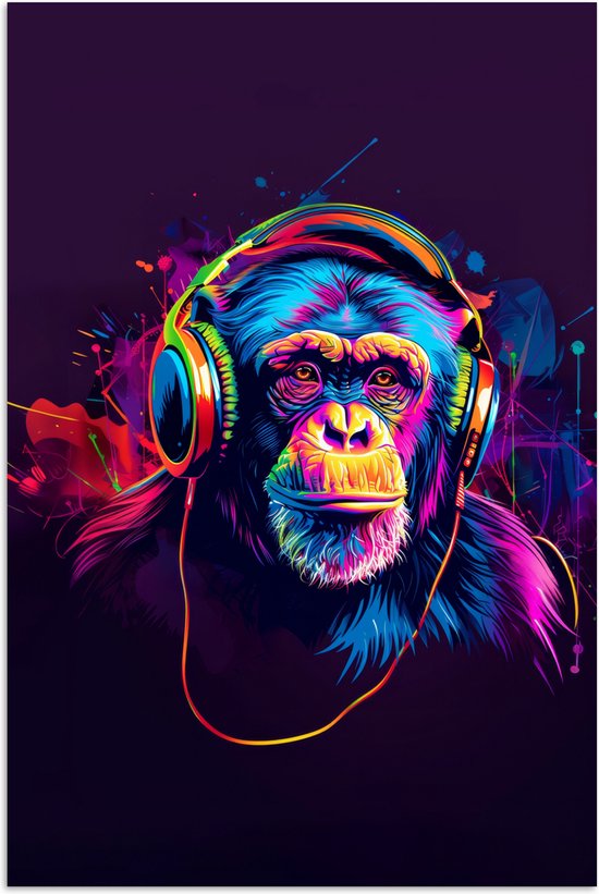 Poster 20x30 cm - Aap - Koptelefoon - Muziek - Kleurrijk - Posters - Wanddecoratie tienerkamer - Kamer decoratie voor tieners - Tiener jeugdkamer accessoires