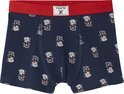 Donkerblauwe boxers met rode band en een patroon van piraten met hoeden en baarden.