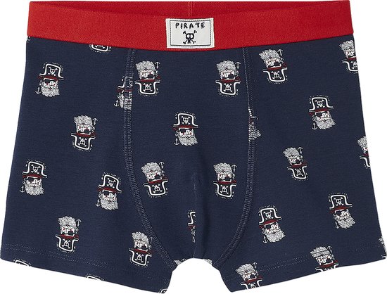 Donkerblauwe boxers met rode band en een patroon van piraten met hoeden en baarden.