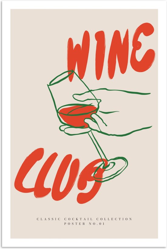 Affiche avec le texte 'WINE CLUB' en lettres rouges. Un dessin au trait vert d'une main tenant un verre de vin rouge.