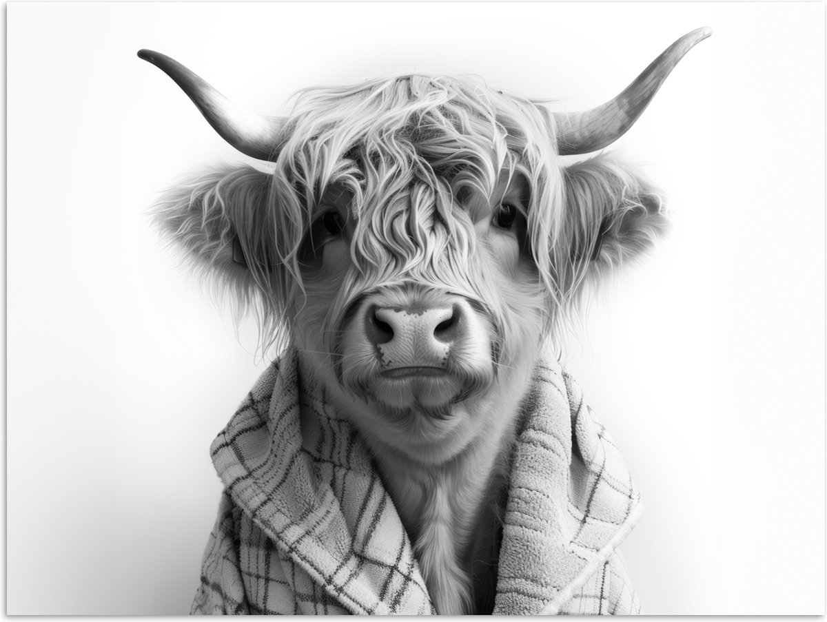 Poster 120x90 cm - Schotse Hooglander - Koe - Badjas - Zwart wit - Posters - Wanddecoratie