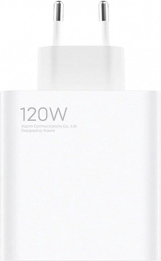 Chargeur blanc 120W avec le texte 'Xiaomi Communications Co., Ltd. Designed by Xiaomi'.