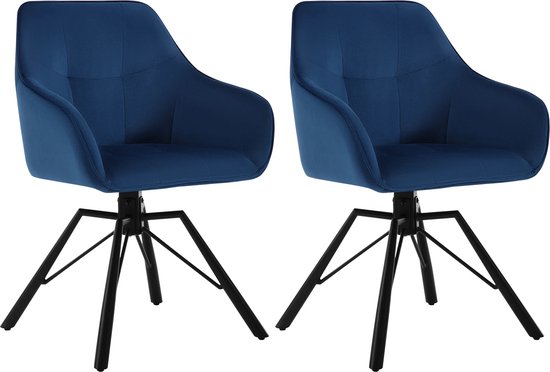 KTN® - Lot de 2 Chaises de salle à manger - Assise pivotante à 360 degrés - Dossier - Accoudoir - Fauteuil - Chaises de salon - Sièges baquets - Velours - Tissu velours - Assise rembourrée - Pieds en métal - Blauw