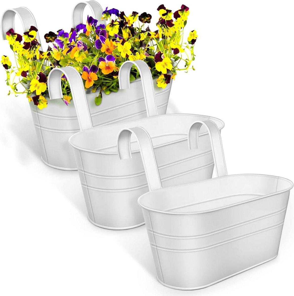 Goedkoopste Hangende metalen plantenbak met afneembare haak en afvoergat - omheining plantenbakken emmer - hangende bloempotten voor buiten en binnen - balkon raam - set van 3 wit
