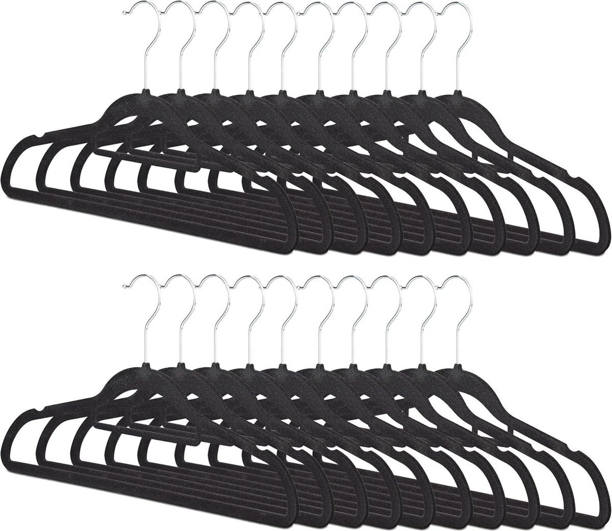 Kledinghanger set van 20 - smal - fluwelen bekleding - antislip - 360° draaibare haak - HxB 225 x 41 cm - zwart