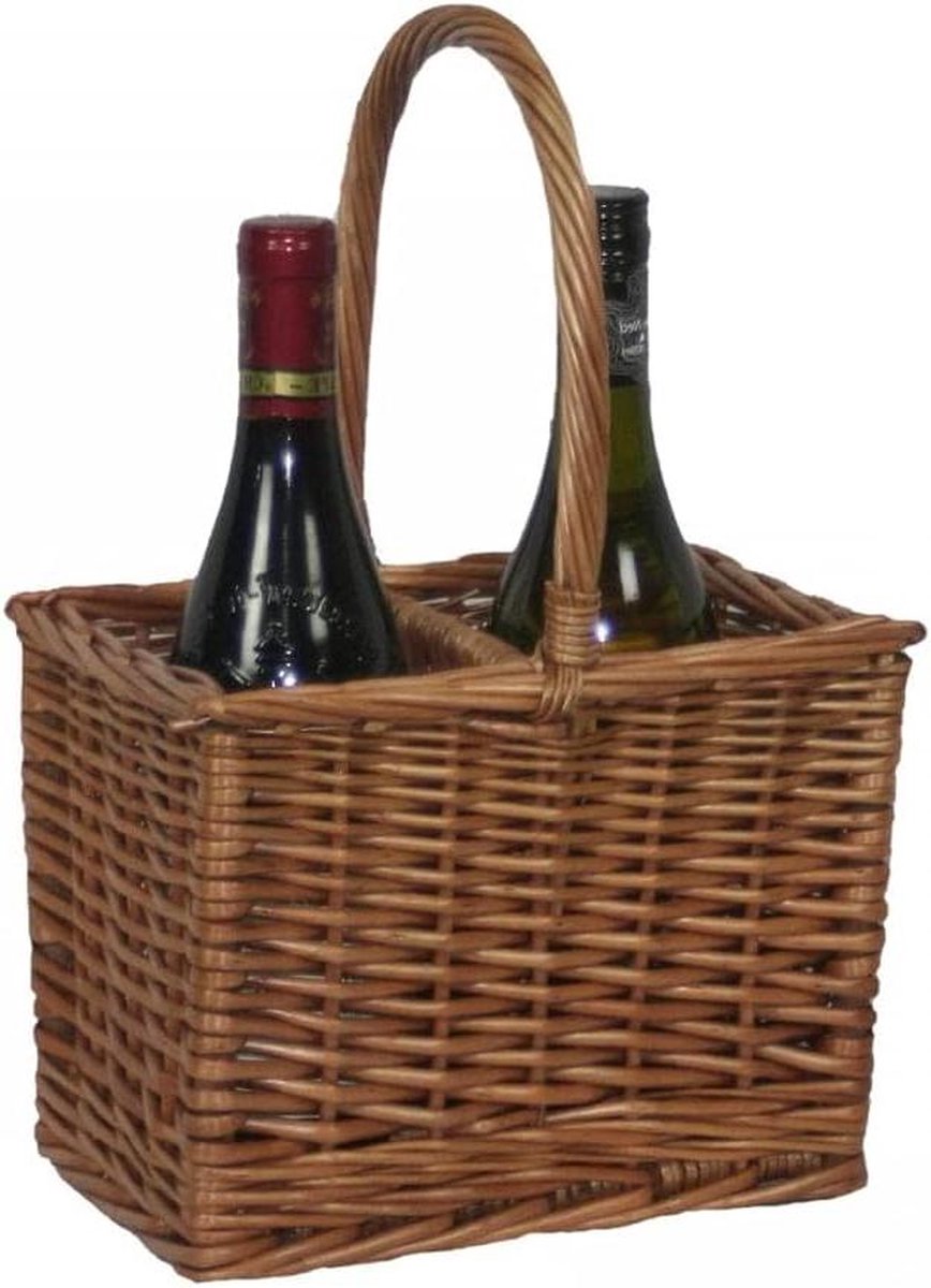 Double Gestoomde Drinks Basket - 2 Bottle Picknickmand met Leren Handvat Flessenmand