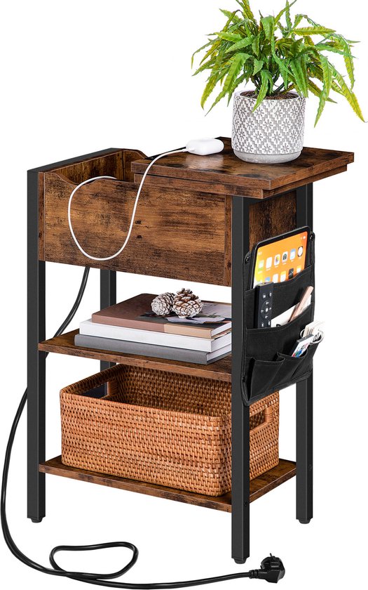 VASAGLE - Ronde Bijzettafel - Diameter 45 Cm - Met Oplaadstation Stopcontact En Usb Met Stoffen Mand Wit Camel Bruin Let228w02