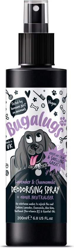 Bugalugs Lavendel & Kamille Deodoriserende Spray fles met cartoon hond. "Keeps Me Calm & Smelling Great!"