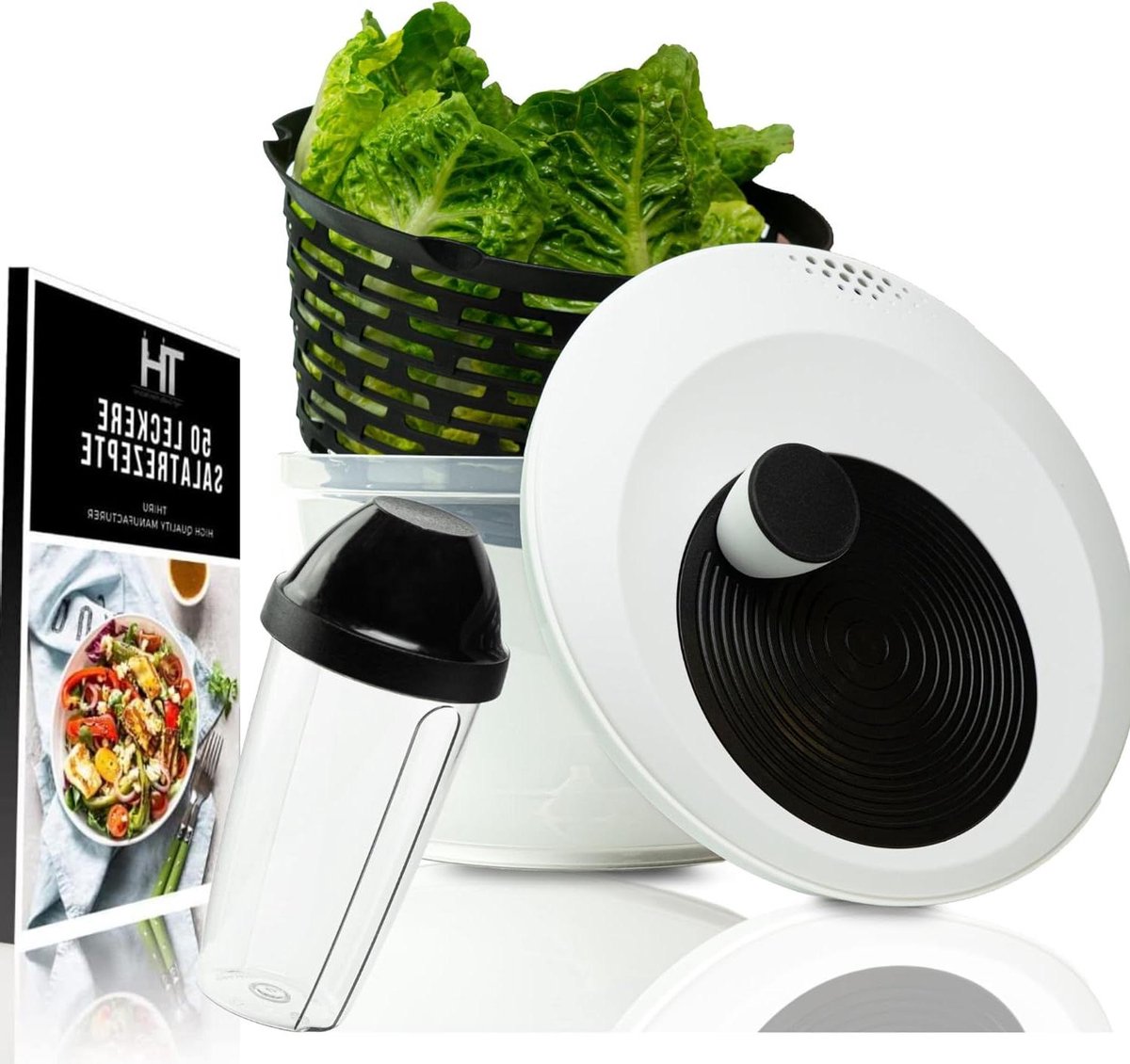 Slazwierder 4 l Saladecentrifuge met dressing shaker innovatieve 3D-zwengel stabiele slacentrifuge groot incl. e-book BPA-vrij