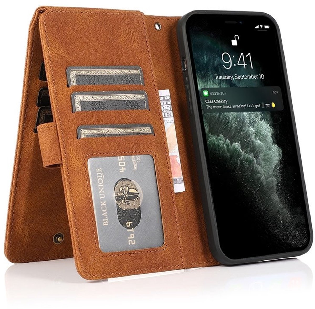 Mobiq - Zacht Leren geschikt voor iPhone 16 Pro Wallet Hoesje - bruin