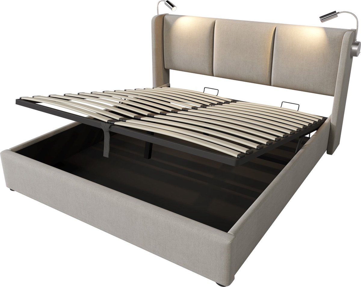 Merax Gestoffeerd Bed met USB Oplaadfunctie - 140x200 cm - Tweepersoonsbed met Hydraulisch