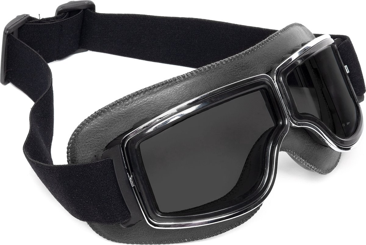KIMU® Goggles Motorbril Skibril - Bril Zwart Montuur - Zwarte Glazen - Leatherlook Pilotenbril Vintage Motor Retro Steampunk Lederen Heren Festival