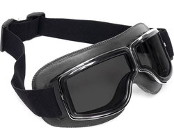 KIMU® Goggles Motorbril Skibril - Bril Zwart Montuur - Zwarte Glazen - Leatherlook Pilotenbril Vintage Motor Retro Steampunk Lederen Heren Halloween