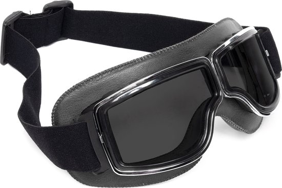 KIMU® Goggles Motorbril Skibril - Bril Zwart Montuur - Zwarte Glazen - Leatherlook Pilotenbril Vintage Motor Retro Steampunk Lederen Heren Festival