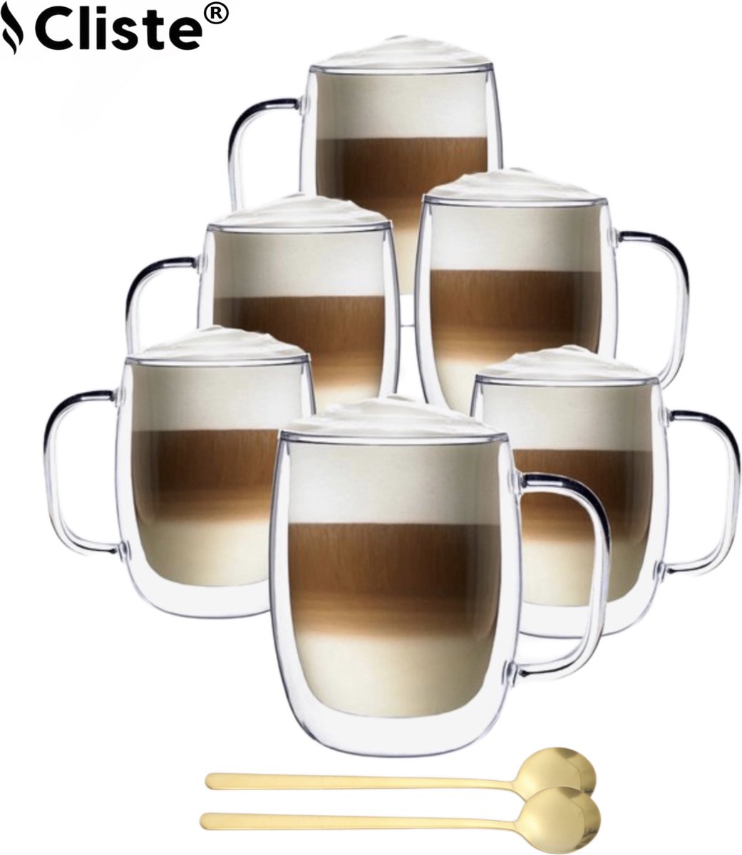 Cliste Dubbelwandige Koffieglazen Met Oor - Set van 6 - 400ML - Gratis 6 Lepels - Latte Macchiato Glazen - Dubbelwandige Theeglazen - Cappuccino Glazen