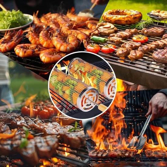 Roestvrij Stalen Grillmanden Met Houten Handvat Voor Het Grillen In De Open Lucht Vis Garnalen Vlees Groenten