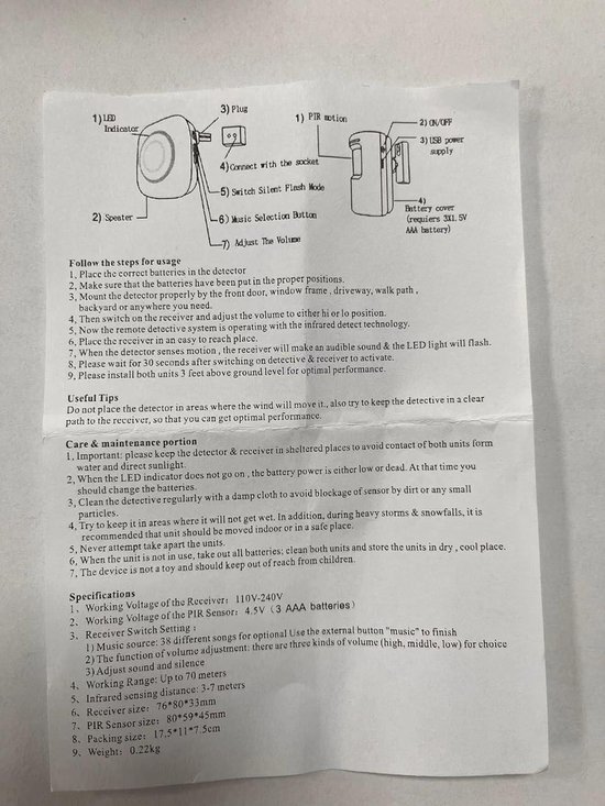 Elektronische Draadloze Deurbelkit Met PIR-Sensoren - Bewegingsdetector - Beveiligingsbel - 3 Volumeniveaus - 38 Beltonen — afbeelding 5