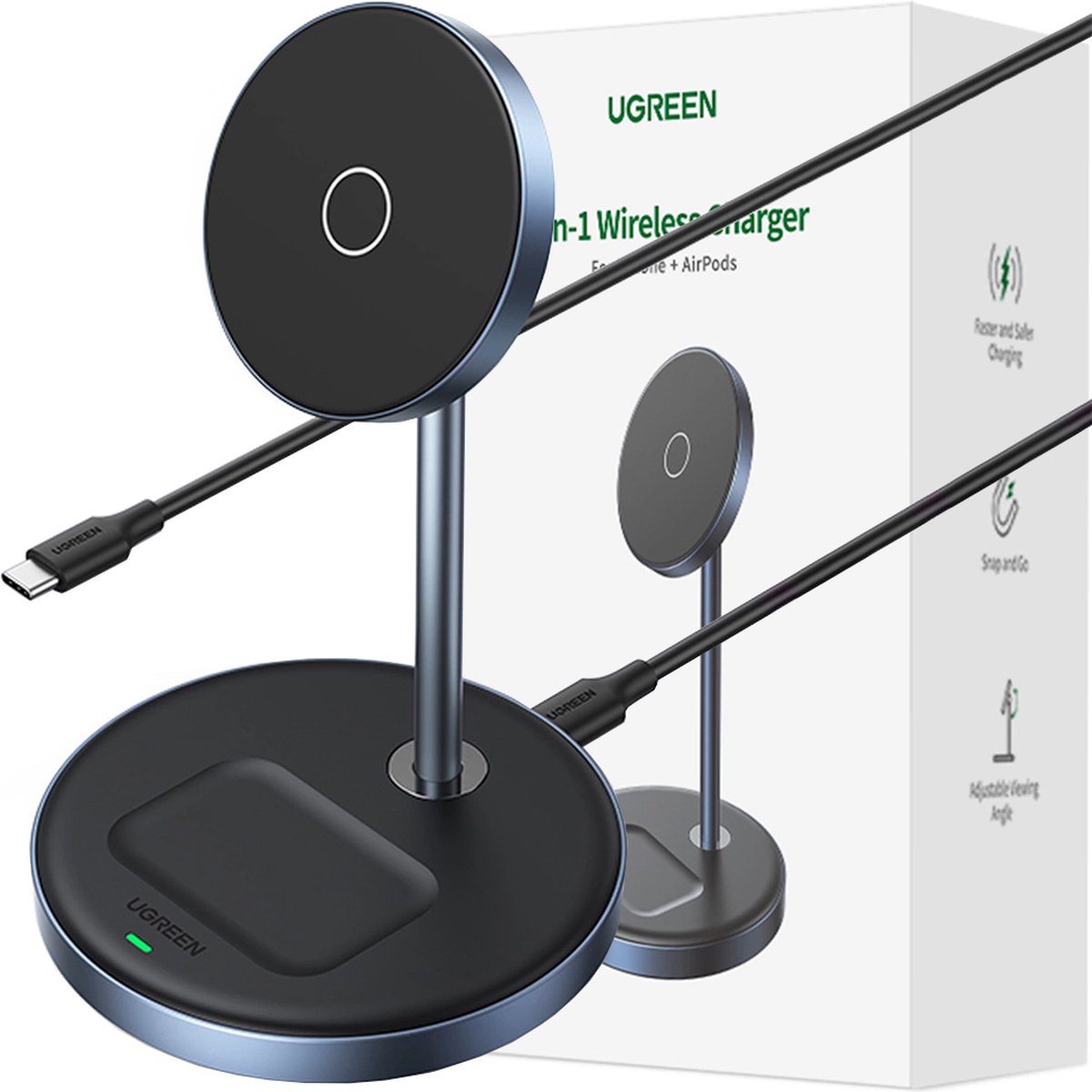 Ugreen - CD317 - MagSafe/Qi 2in1 laadstation - zwart