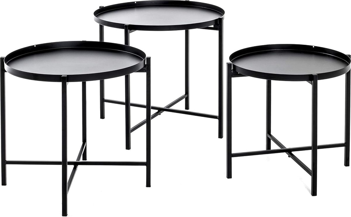 Goodivery ® Stijlvol Set van 3 Tafels met Zwarte Stalen Buisframe en Verwijderbare Bladen