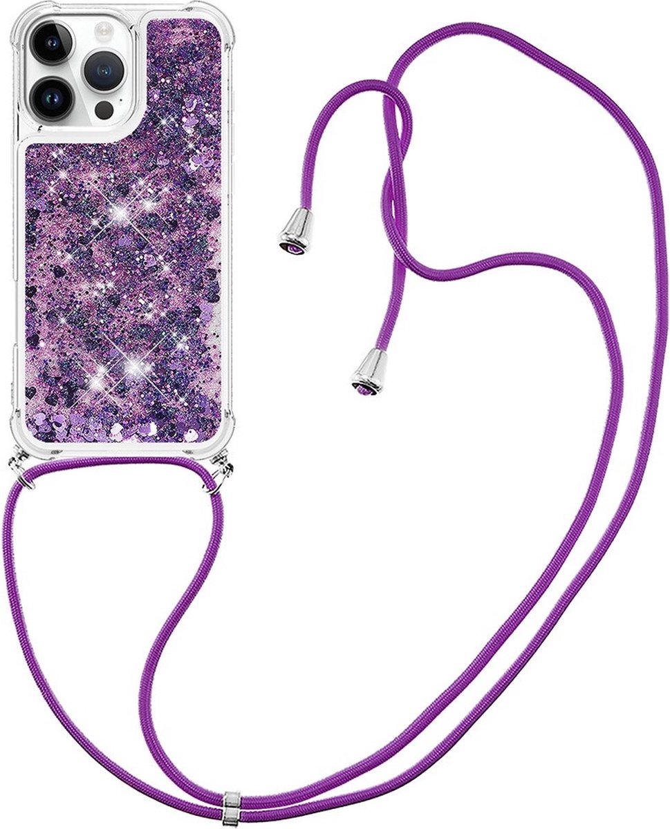 Coverup Hoesje - Geschikt voor iPhone 16 Pro Hoesje - Coverup Liquid Glitter Back Cover met Koord - Paars