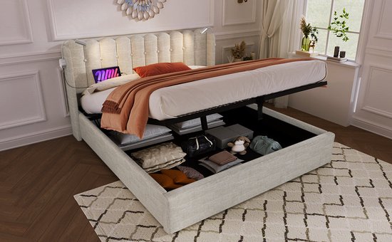 Merax Lit Double Rembourré 160x200 cm Comprenant Matras Mousse Froide 7 Zone - Lit avec Lampe de Lecture et Fonction Recharge de Téléphone - Espace de Rangement Hydraulique - Beige