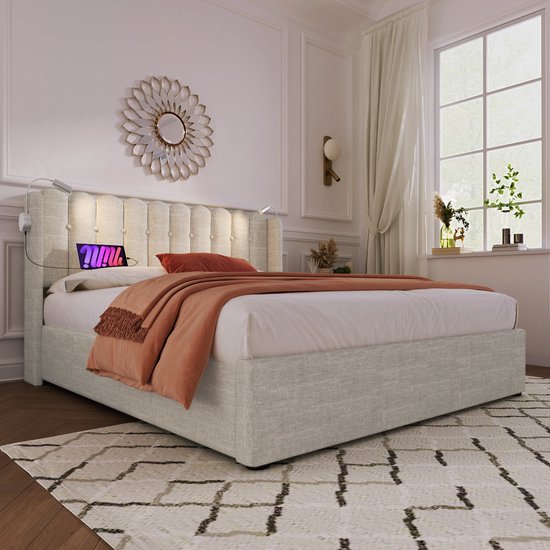 Merax Lit Double Rembourré 160x200 cm Comprenant Matras Mousse Froide 7 Zone - Lit avec Lampe de Lecture et Fonction Recharge de Téléphone - Espace de Rangement Hydraulique - Beige