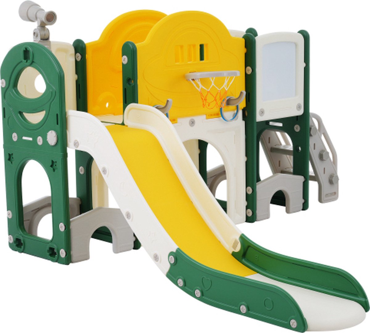 Toboggan Enfant 8 En 1 - Avec 2 Toboggans, Panier De Basket, Espace Rangement - 200x165x95cm - Capacité 100kg