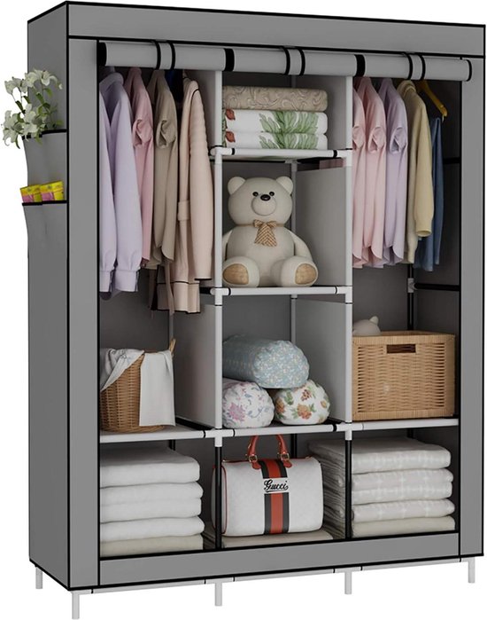 Kledingkast Stoffen Kledingkast Voor Slaapkamer 3 Kledingrails Met Niet Geweven Stoffen Hoes Kledingopbergorganizer 9 Compartimenten Grijs