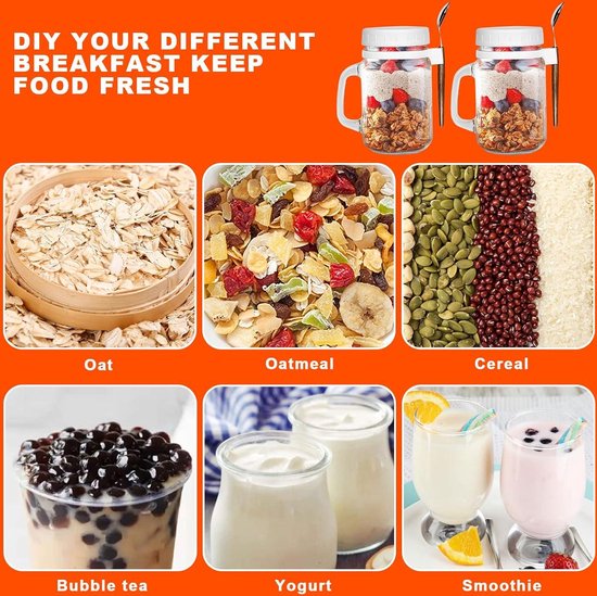 Herbruikbare Overnight Oats Containers - Draagbare Luchtdichte Havermoutpotten met Deksels - Inclusief Lepels - Voor Muesli Yoghurt Salade - Set van 2 — afbeelding 2