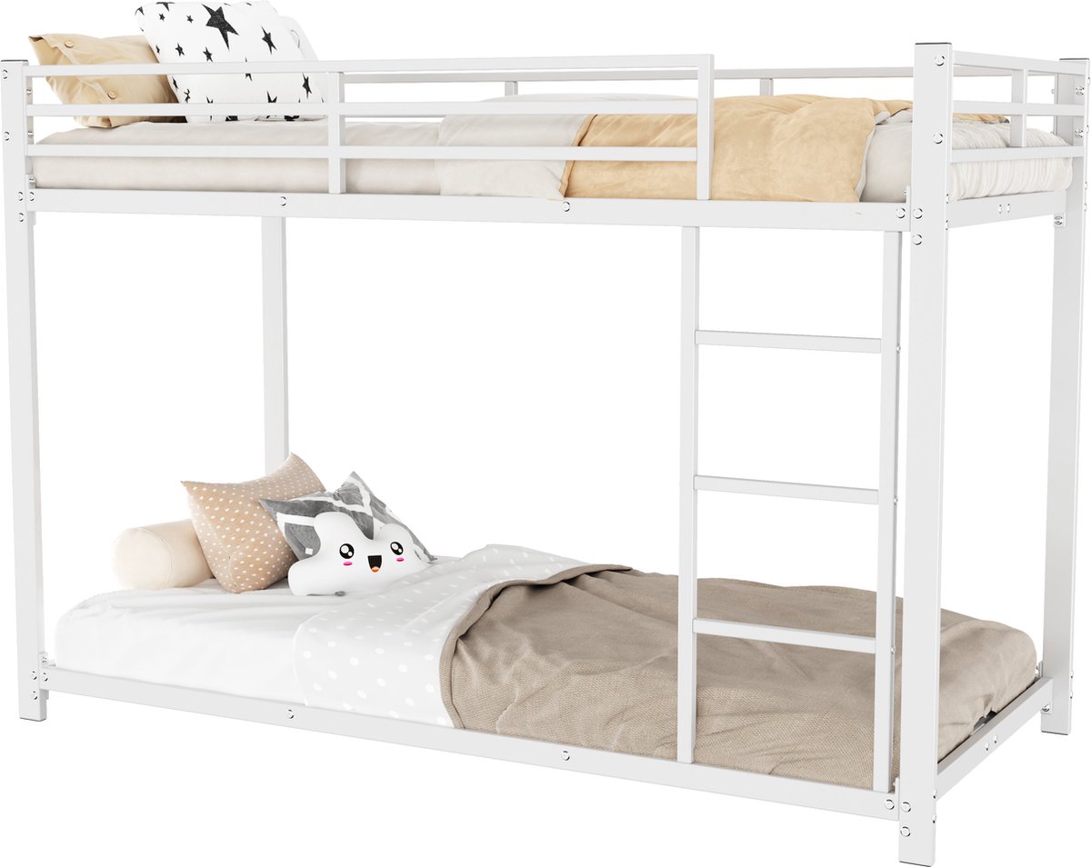 Merax Klassiek Metalen Stapelbed - Bed Hoogslaper - Eenpersoonsbed 90x200 cm - Wit