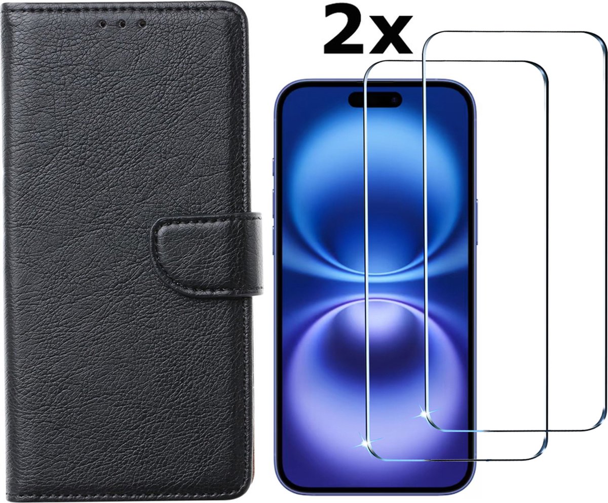 Hoesje Geschikt voor iPhone 16 hoesje bookcase met 2 stuks screenprotectors – Zwart