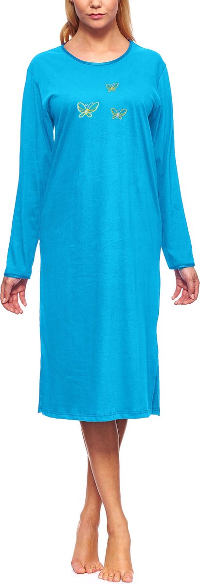 Merry Style Dames Nachtemd - Nachtjapon – Korte mouwen - Katoen – MS-DR-Malwa-ND - Turkoois (Lange mouw) - XL