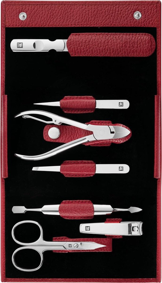 Manicure set Manicureset 7-delig pedicureset reisetui nagelverzorging echt leer roestvrij staal rood