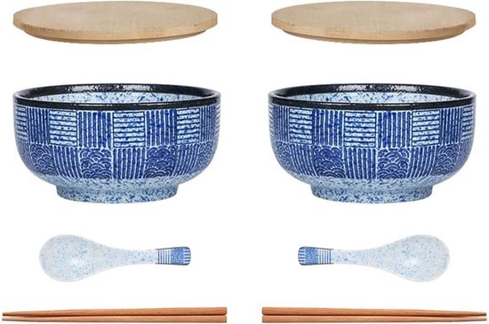 Bol Céramique Set 2 Bols Ramen Céramique 1000 Ml - Avec Baguettes Et Cuillères - Noir - Style Japonais Set Bol Soupe Japonais 1000ml