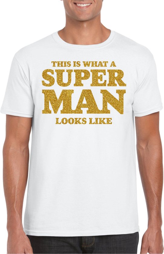 Chemise fantaisie Bellatio Decorations pour homme - Superman - blanche - paillettes dorées - soirée à thème - Vaderdag XXL
