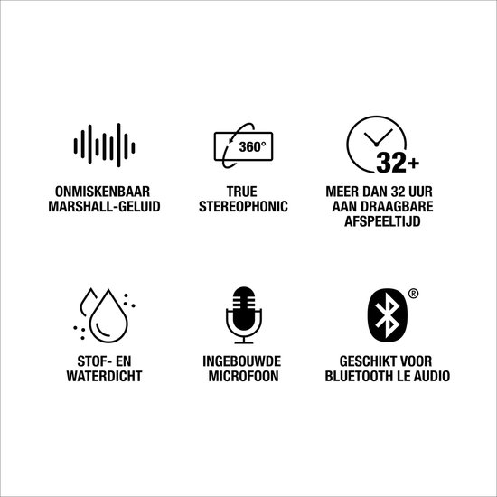 Iconen: Marshall-geluid, stereofonisch, 32u afspeeltijd, stof- en waterdicht, microfoon, Bluetooth.